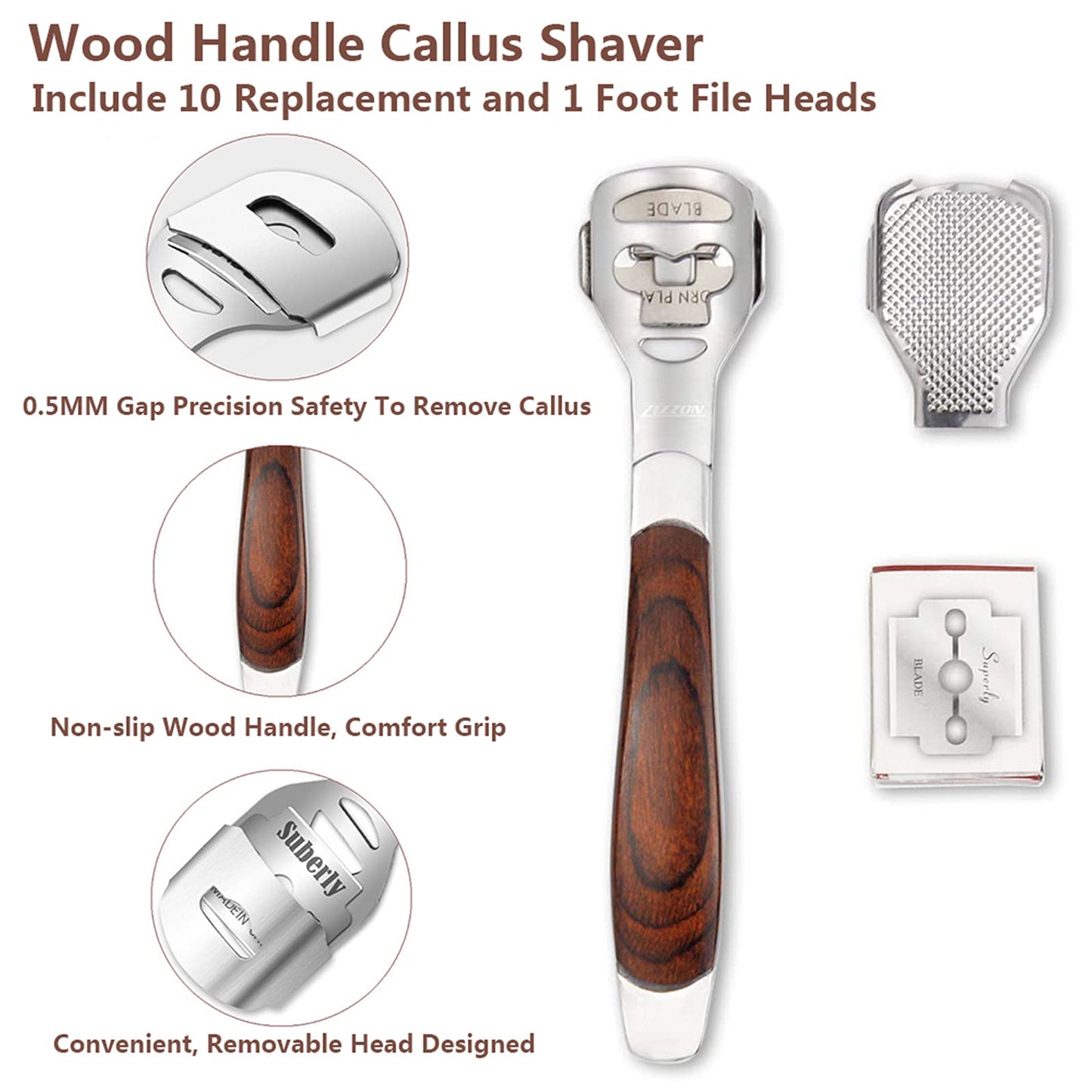 Colossal Foot Rasp & Wood Handle Callus Shaver (10 Replacement & 1 File Foot Heads), Pedicure Foot File Kit, Heel Scraper for Feet, Foot File Callus Beauty and Personal Care Vusoset