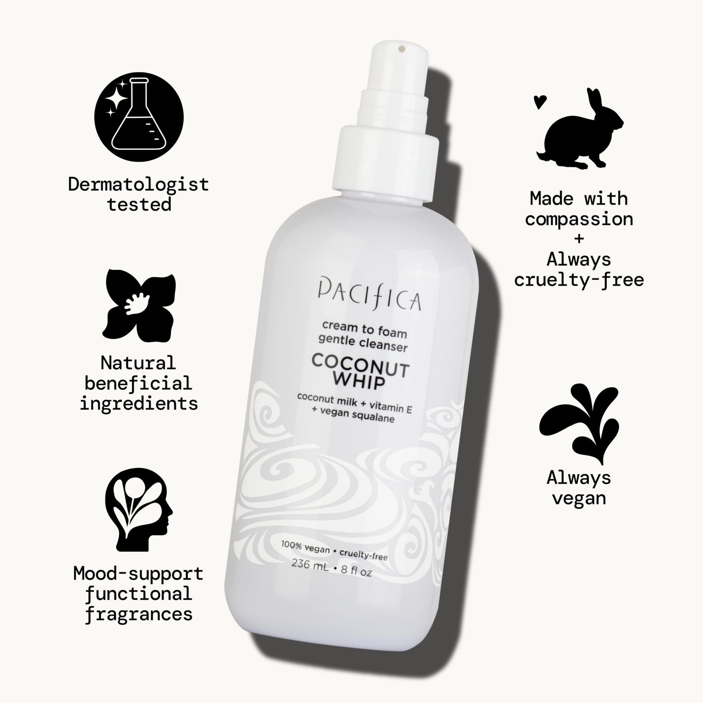 Pacifica Coconut Whip Cream to Foam Face Wash - Gentle Hydrating Facial Cleanser for Dry & Sensitive Skin, Moisturizing Daily Face Wash