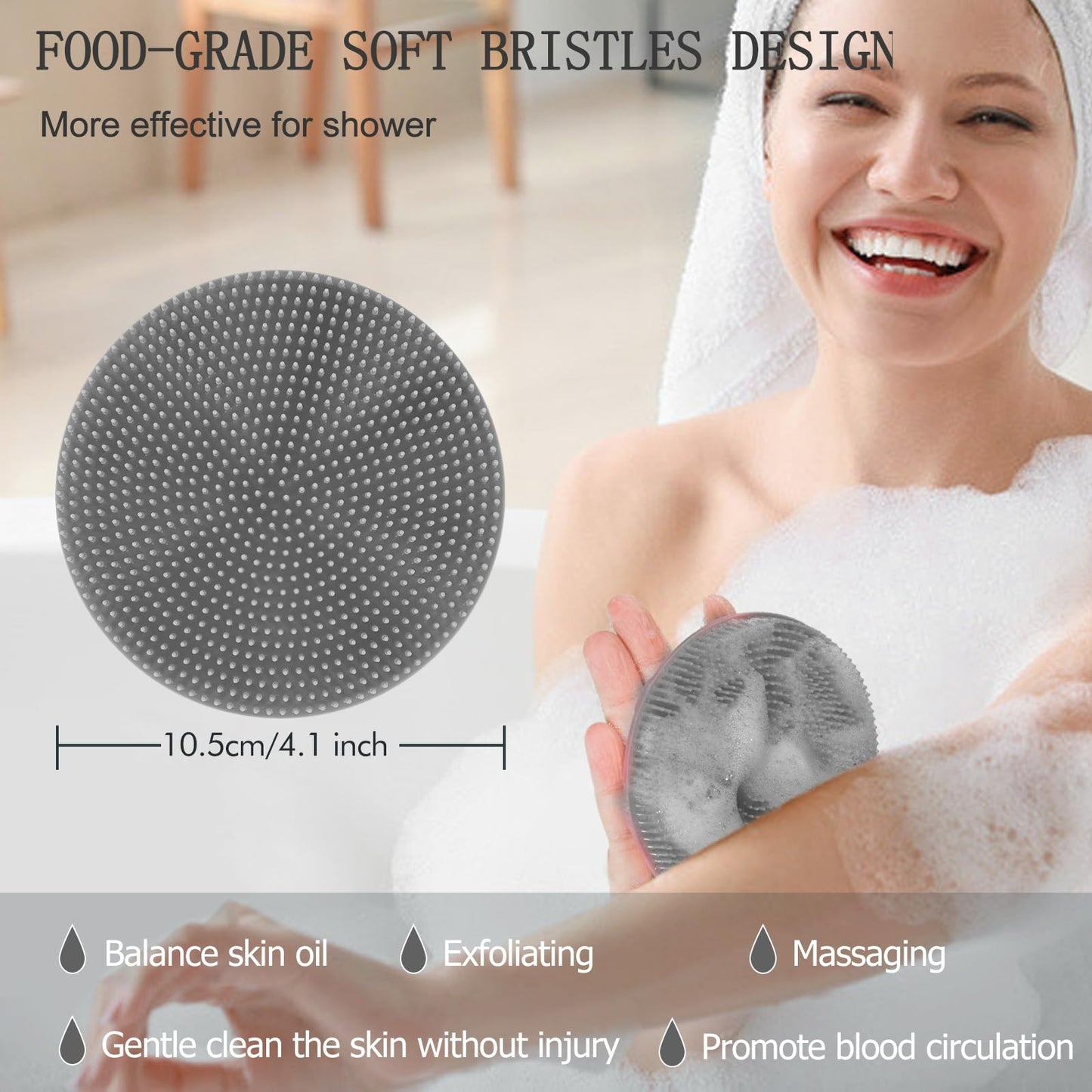 INNERNEED Food-Grade Soft Silicone Body Scrubber Shower Brush Handheld Cleansing Skin Brush, Gentle Exfoliating and Lather Well (Gray)