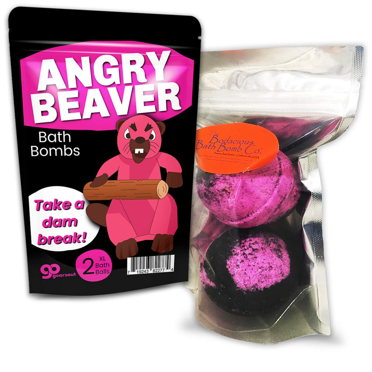 Angry Beaver Bath Bombs - Funny Pink Beaver Design - XL Bath Fizzers for Women - Giant, pink and black, Handcrafted, 2 pk