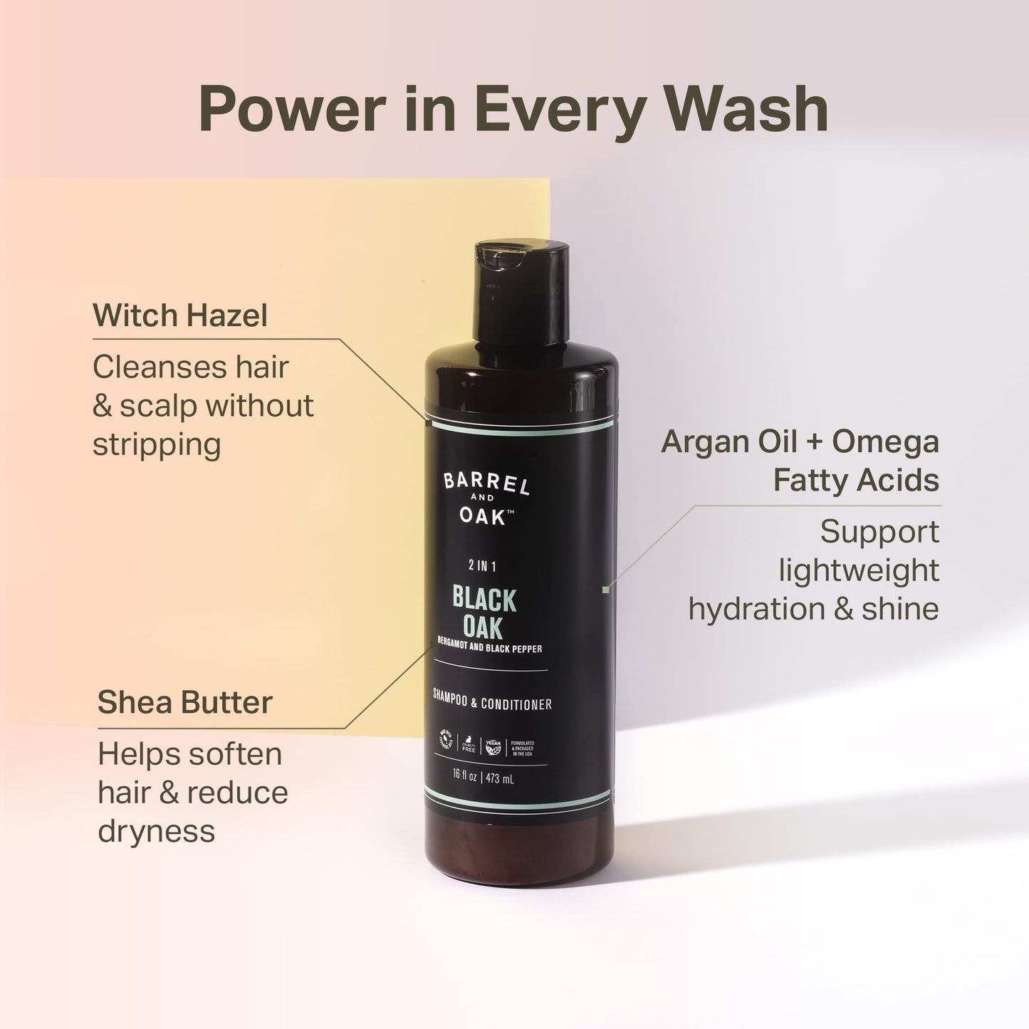 Barrel & Oak 2-in-1 Men's Shampoo and Conditioner, Cleanses Hair & Scalp, Multi-Use Hair Products for Men, Vegan Shampoo and Conditioner, Black Oak