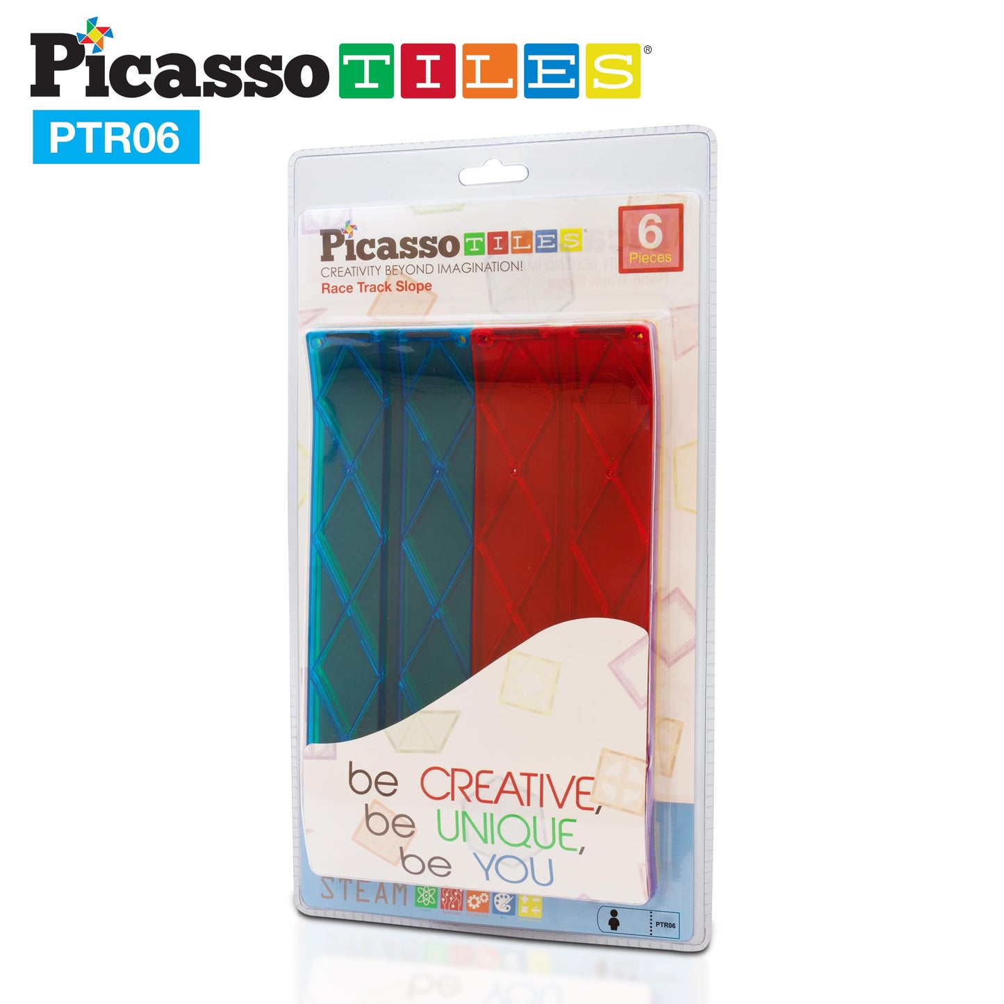 PicassoTiles 6pc Magnetic Race Track Ramp Set – STEM Magnet Tile Accessories for Kids Construction Playset, Educational Toy PTR06