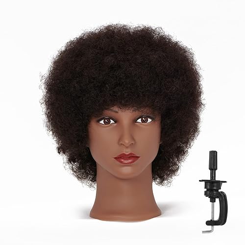Hairingrid Mannequin Head African American with 100% Human Hair Cosmetology Afro Hair Manikin Head for Practice Styling Braiding and Free Clamp Holder