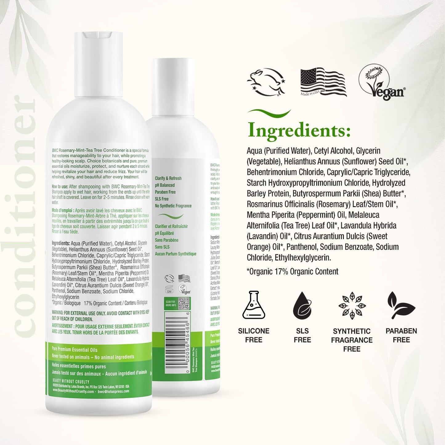 Beauty Without Cruelty Shampoo and Conditioner Set, Clarifying Rosemary Mint Tea Tree - Aromatherapy Hair & Scalp Treatment, SLS-Free, Vegan-Friendly