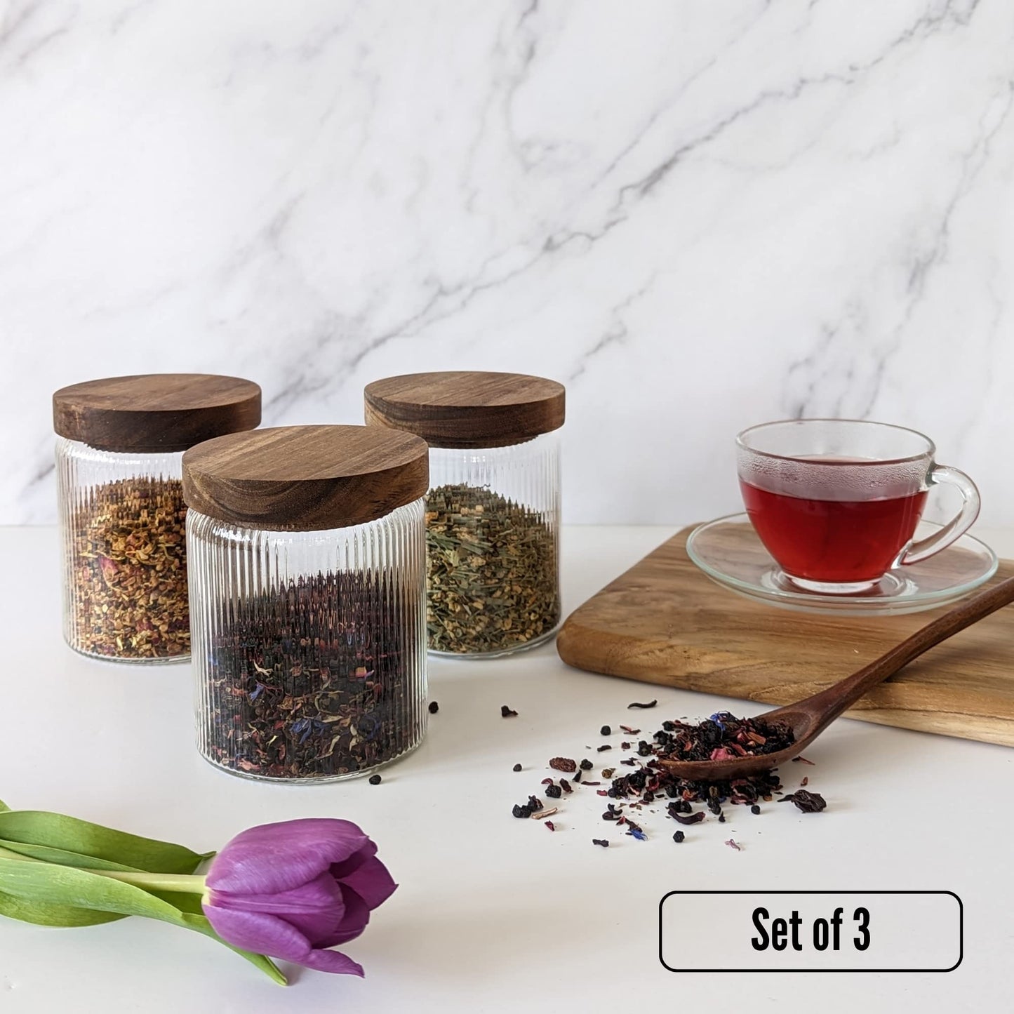 Mason & Fable Ribbed Glass Jar with Wooden Lid 17oz, Set of 3 | Airtight Fluted Storage Canisters for Food, Tea, Coffee, Candy/Spice | Organization…