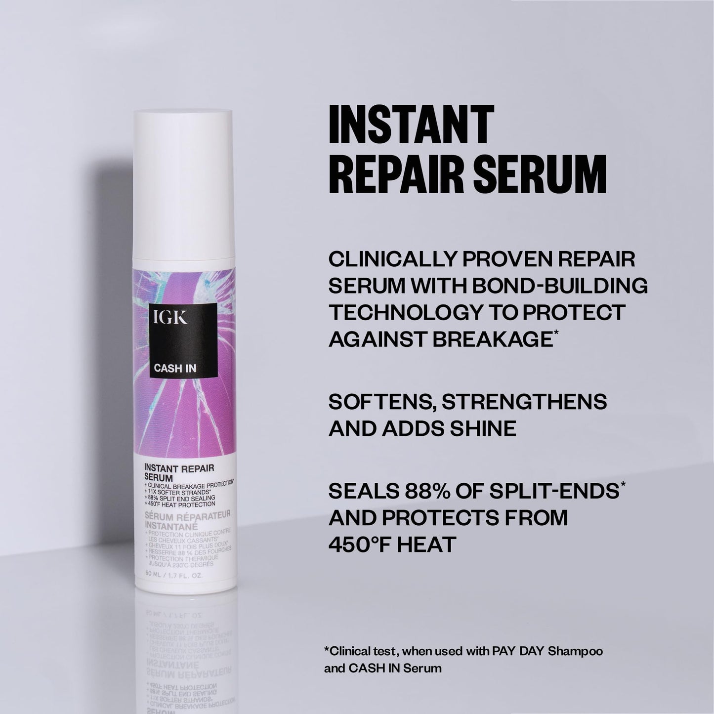 IGK CASH IN Instant Repair Serum | Helps Repair Damage, Protect Against Breakage and Heat | Seals Split Ends for a Softer, Smoother Finish | 1.7 Oz