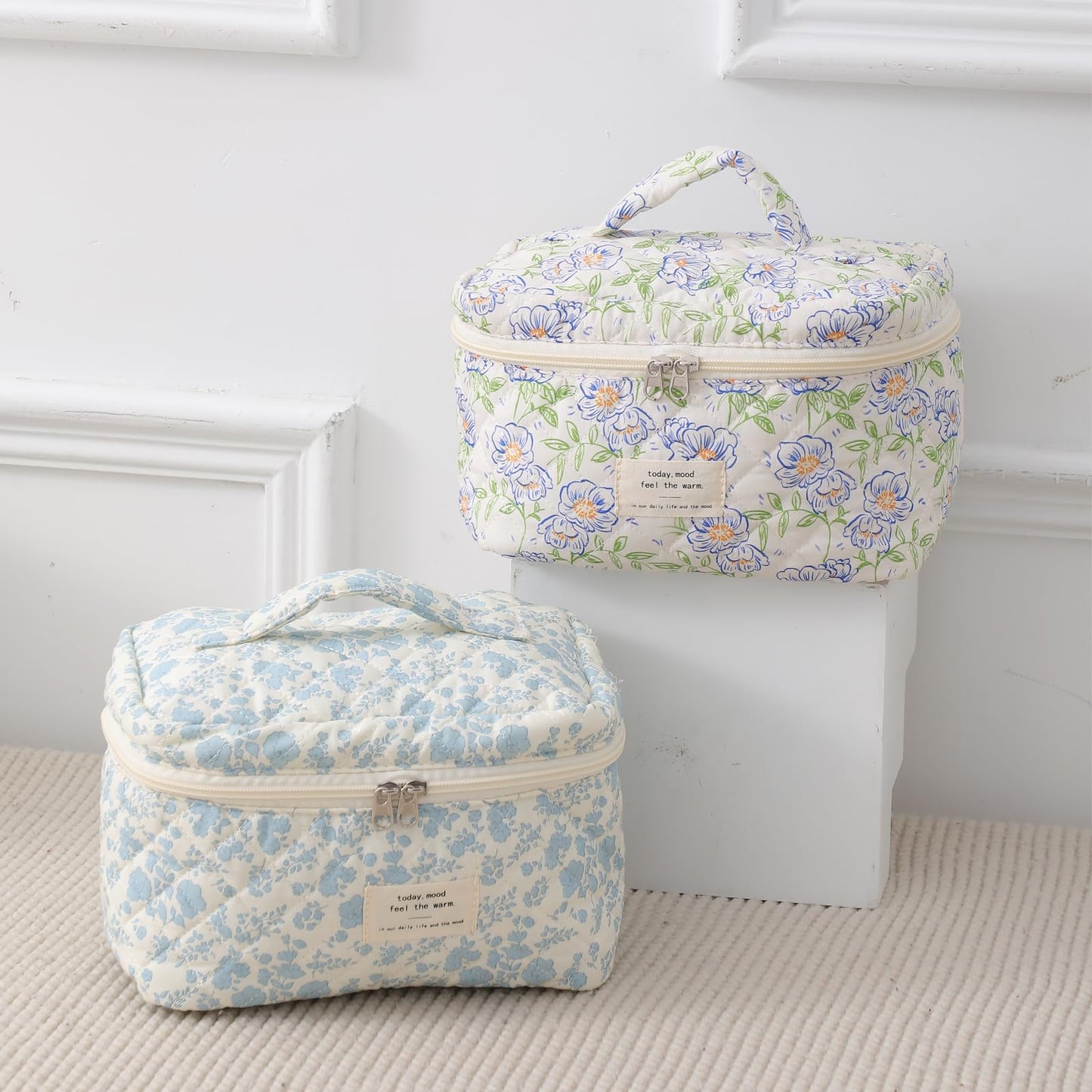 uekeboag Large Travel Quilted Makeup Bag for Women, Floral Cotton Cosmetic Bag, Coquette Aesthetic Floral Toiletry Organizer Bag (03White-Bear) Beauty and Personal Care uekeboag