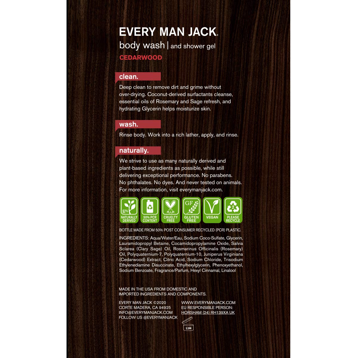 Every Man Jack Men's Body Wash - Cedarwood | 16.9-ounce Twin Pack - 2 Bottles Included | Naturally Derived, Parabens-free, Pthalate-free, Dye-free