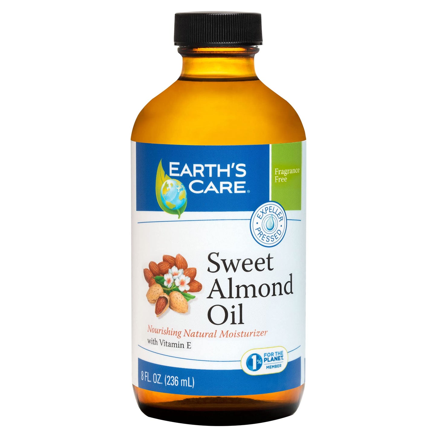 Earth’s Care Sweet Almond Oil - Expeller Pressed Almond Oil for Skin and Hair, Glass Bottle, Unscented, 8 FL. OZ.