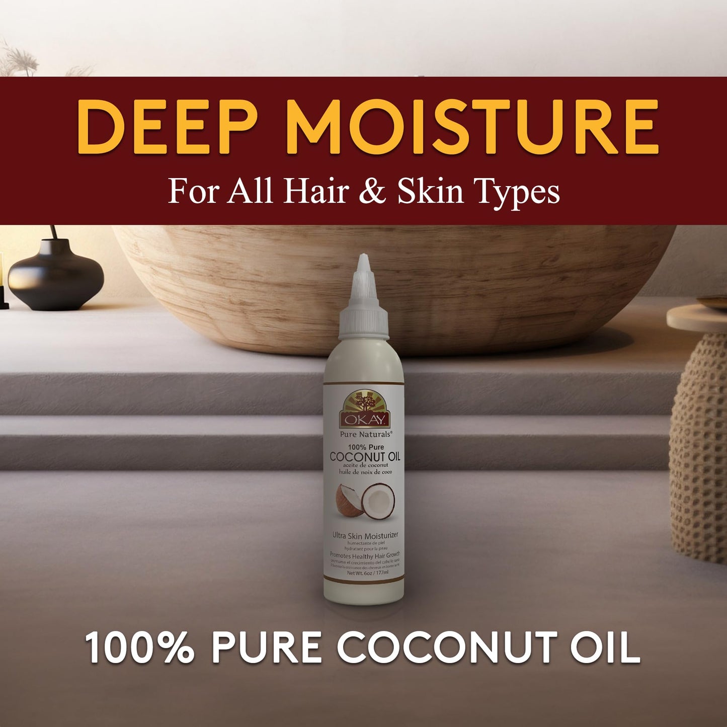 OKAY 100% Pure Coconut Oil for Hair & Skin - Coconut Oil for Women & Men, Perfect for Body & Face, for Massage & Moisturizer, Natural - 6 Fl Oz