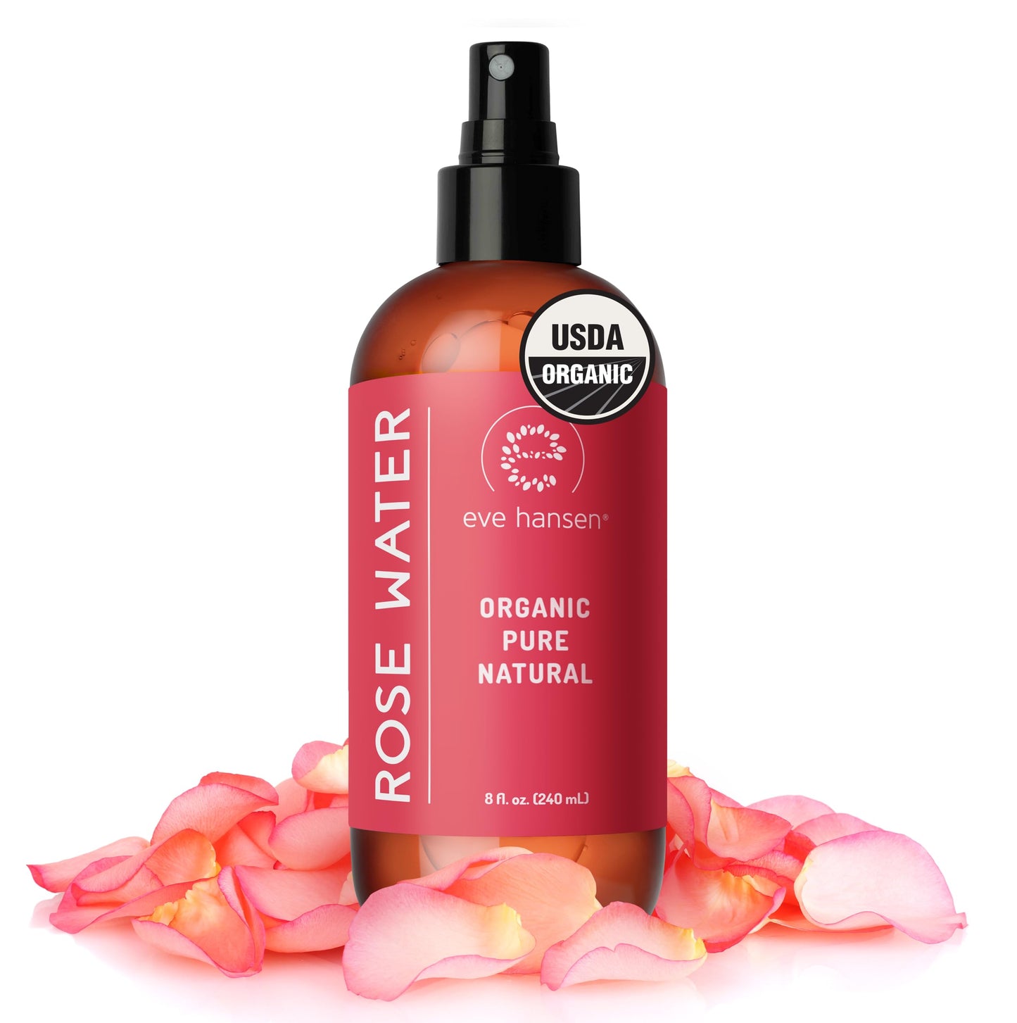 Eve Hansen Organic Rose Water Spray for Face | Huge 8 oz Moroccan Rosewater Face Toner and Makeup Setting Spray | Soothing Neck and Face Mist