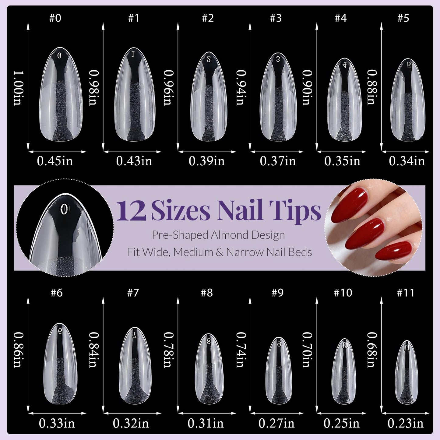 AddFavor 240pcs Almond Nail Tips Clear Full Cover Medium Length Short Almond Fake Nails Acrylic Gel Nail Tips for Salon and Home Nail Art Manicure 12