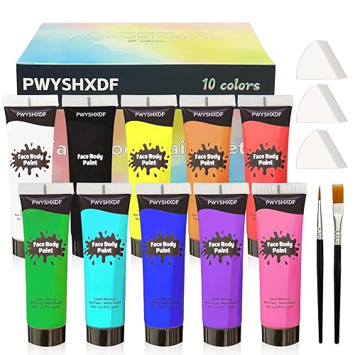 PWYSHXDF 10 Colors Face Body Paint Set, Water Based Body Paint for Adults, Washable Face Paint Kit with Brushes & Sponges, Non-Toxic Face Painting