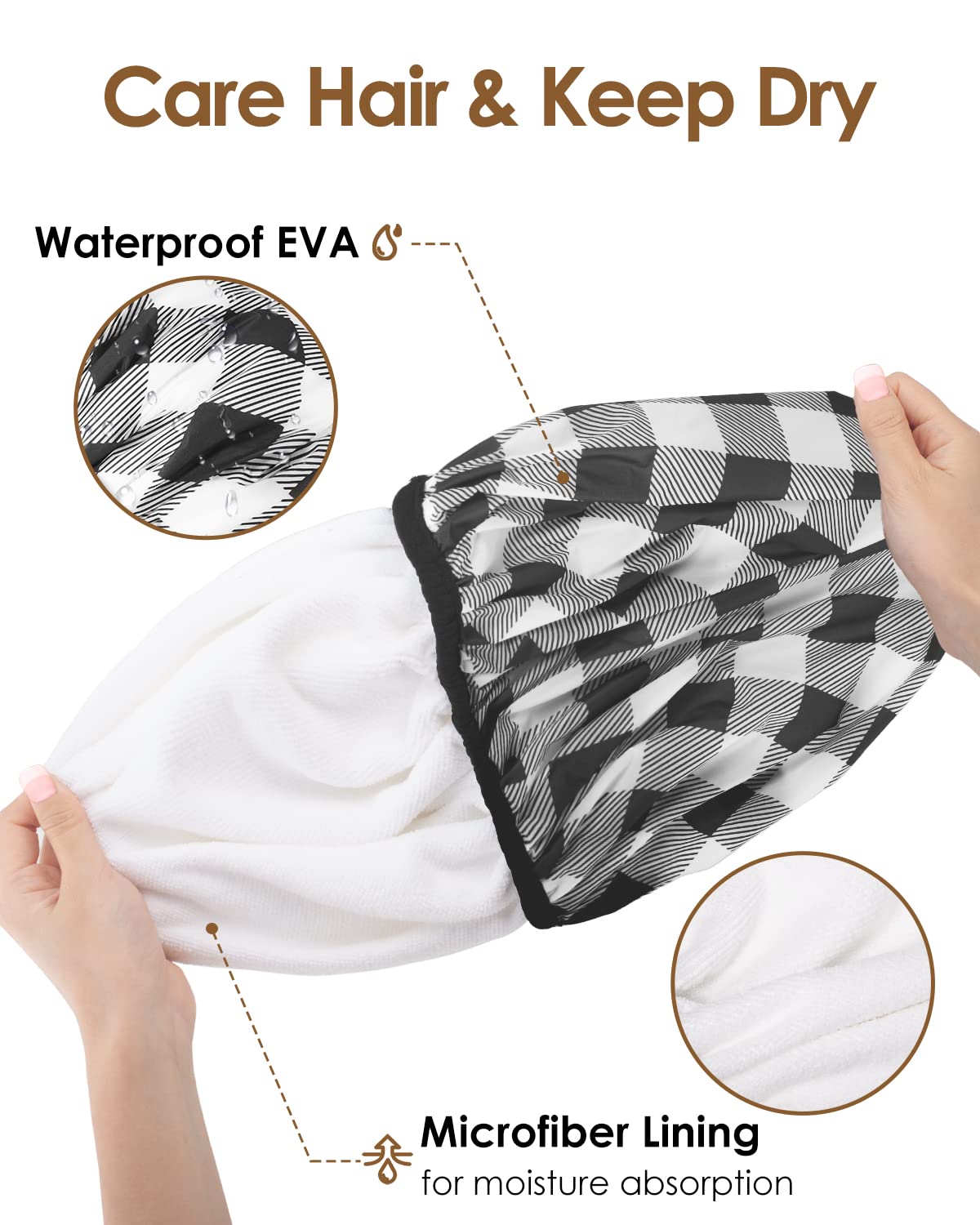 Auban Shower Cap, Shower Cap for Women Terry Cloth Lined EVA Exterior Reusable Double Layer Waterproof, Large Bath Hair Cap, Hotel Travel Essentials