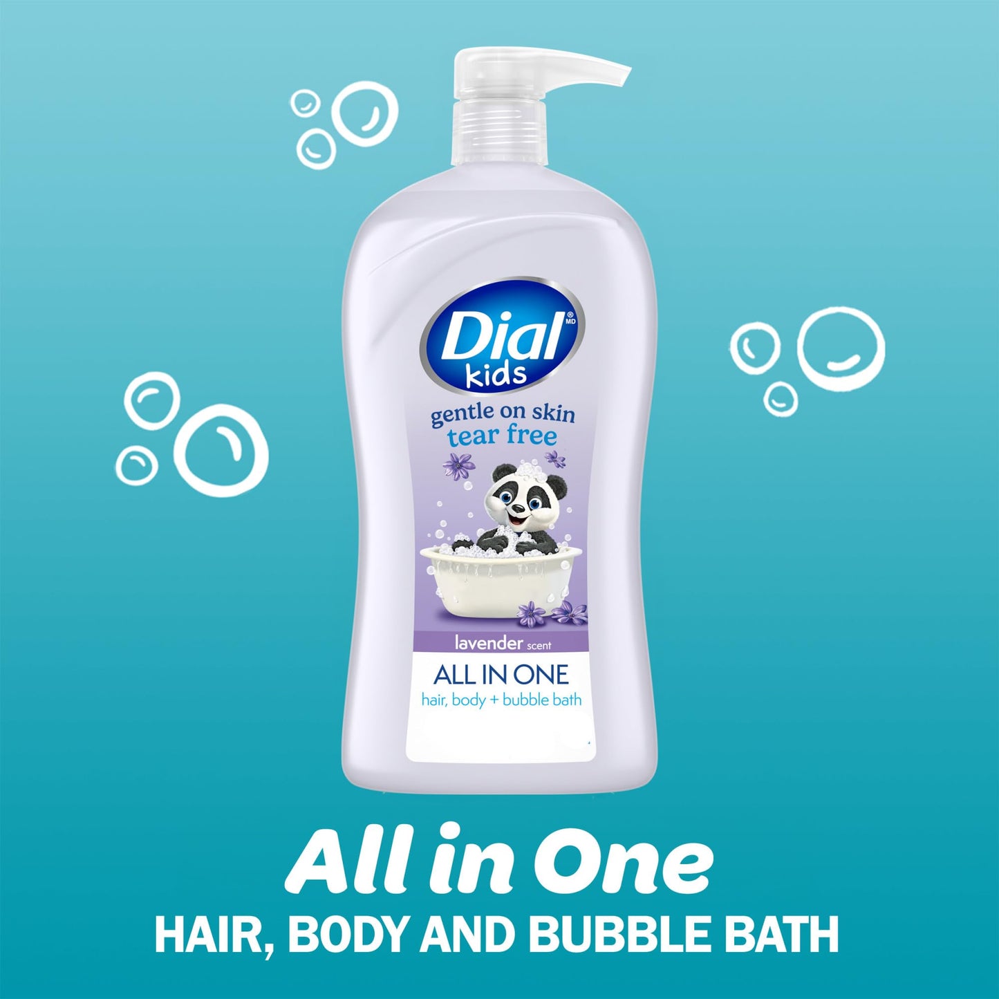Dial Kids All-in-1 Body + Hair + Bubble Bath, Lavender Scent, 32 Fl Oz, Hypoallergenic Body Wash & Shampoo, No Tears Formula for Kids 2+ Years, No