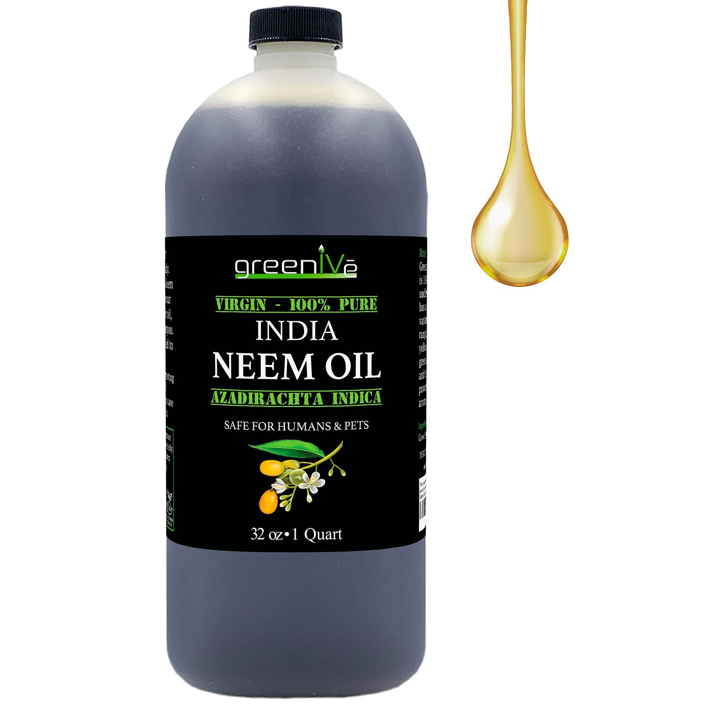 GreenIVe 100% Organically Grown Neem Oil, Cold-Pressed Virgin, Pure & Natural, 32 oz - Ideal for Gardening, Skin Care, Hair Care & Pet Care