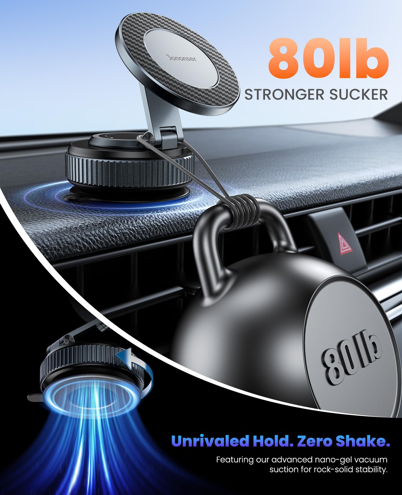 Jononser Suction Phone Mount for Car Dashboard/Windshield - 360°Adjustable Magnetic Phone Holder for Car, Foldable Car Phone Holder for iPhone…