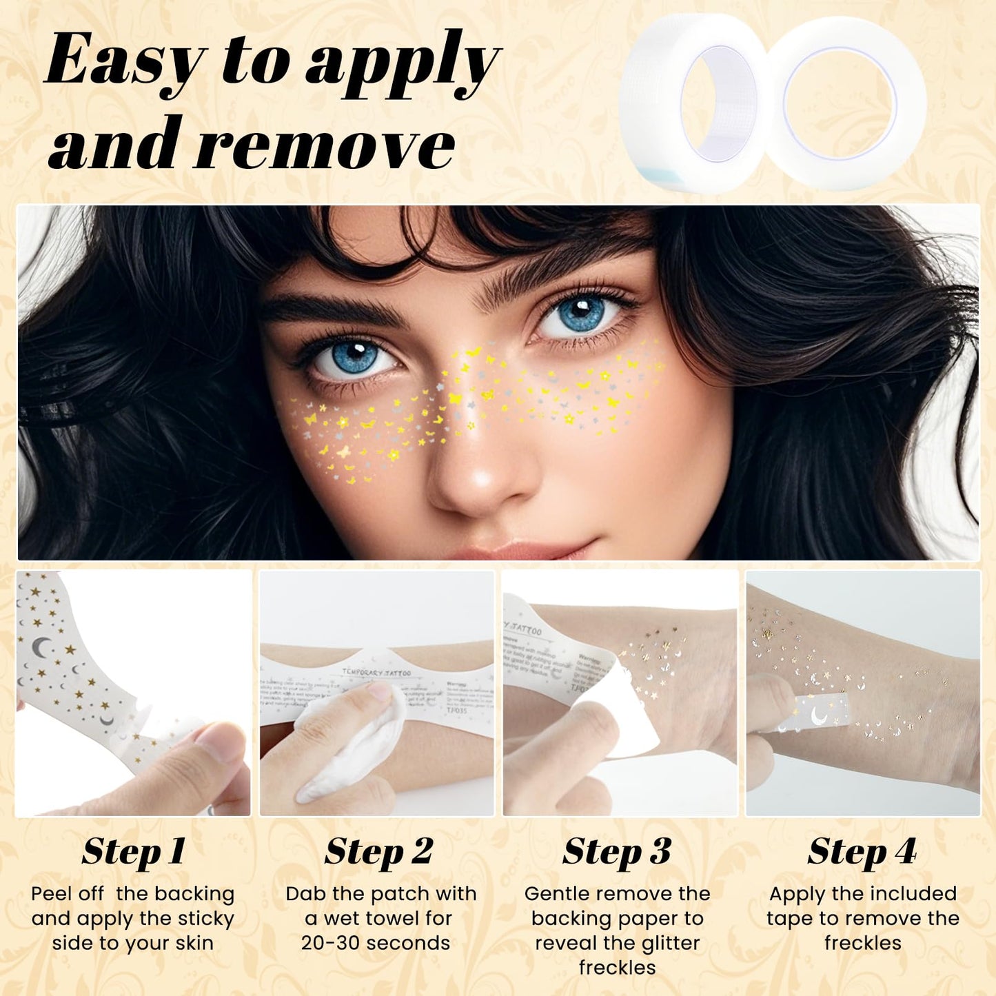 Glitter Freckles Face Tattoo, Temporary Sparkle Freckles, Waterproof & Sweatproof Face Glitter Tattoo for Party, Music Festival 6 Counts with 1