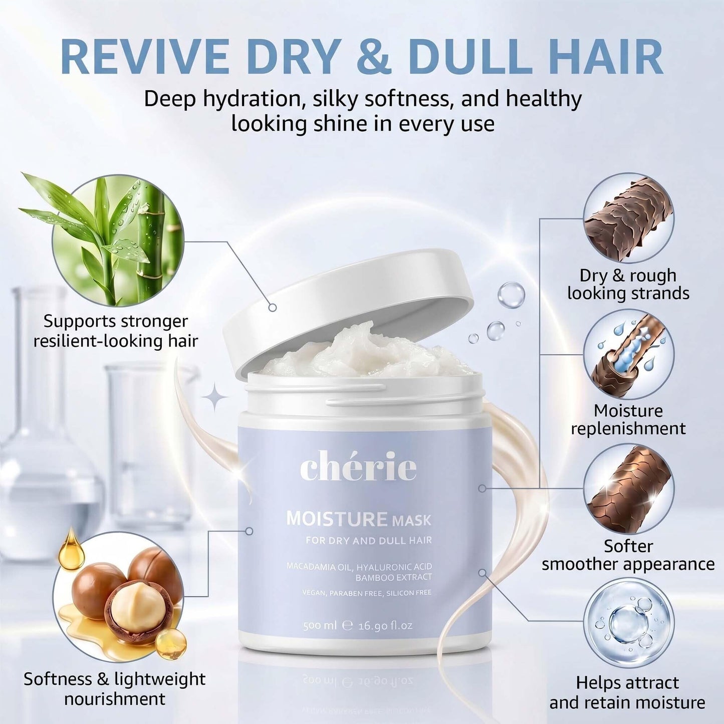 chérie Deep Conditioning Hair Mask with Macadamia Oil, Hyaluronic Acid & Bamboo Extract - Hydrating Hair Mask to Reduce Frizz & Breakage