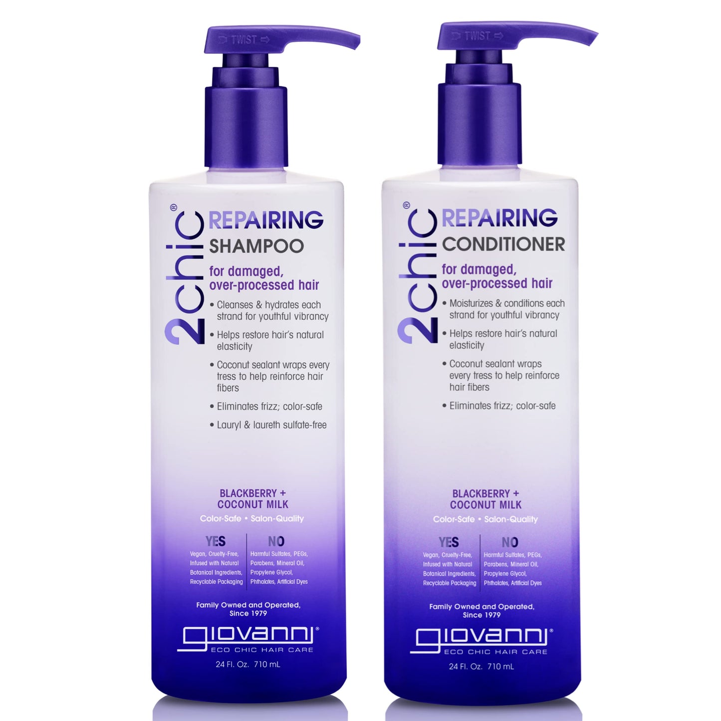 GIOVANNI 2chic Ultra-Repairing Shampoo & Conditioner Set - For Damaged, Over-Processed Hair, Helps Restore Hair's Natural Elasticity, Blackberry