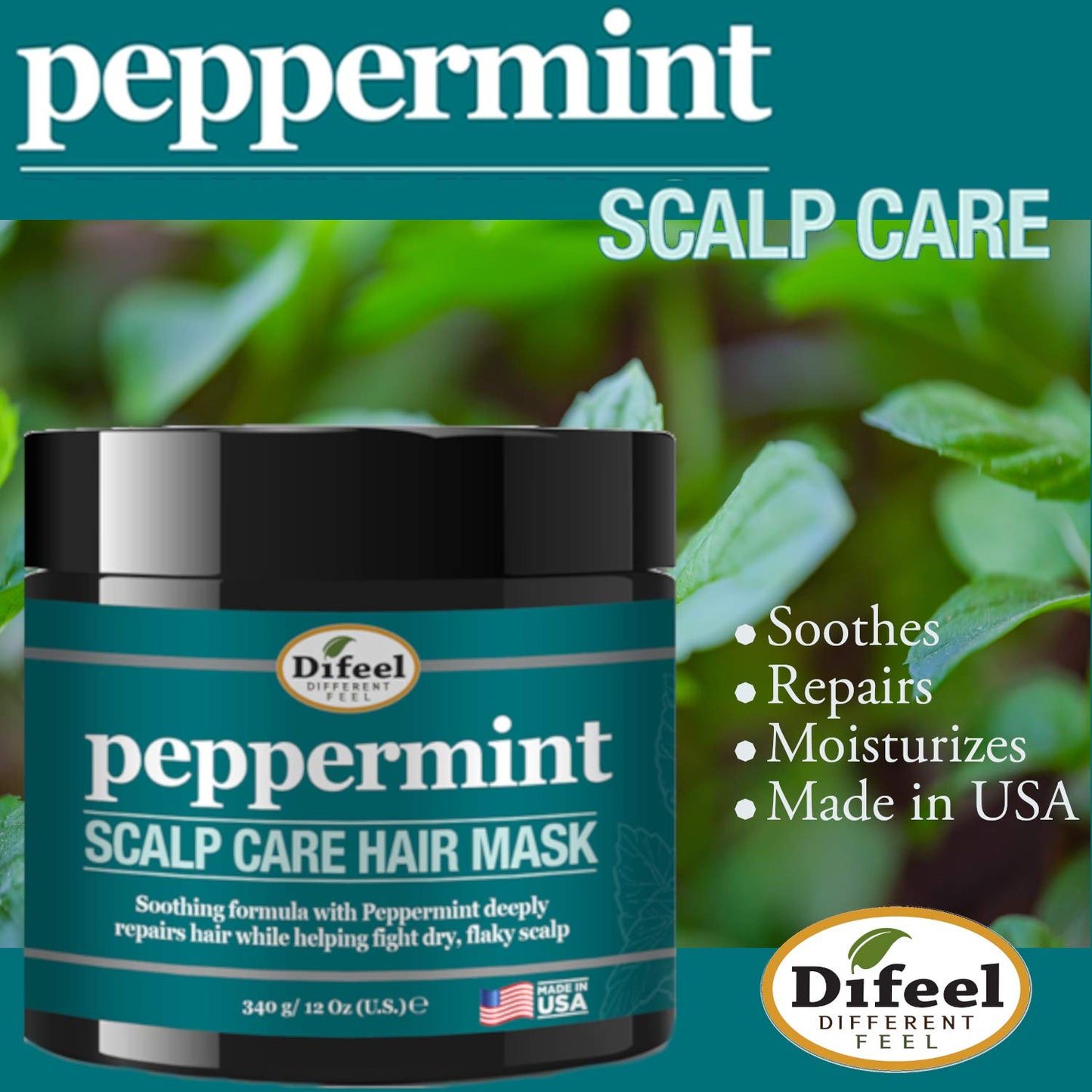 Difeel Peppermint Scalp Care 3-PC Hair Care Set - Includes Shampoo 12oz, Hair Mask 12oz, and Hair Oils 8oz