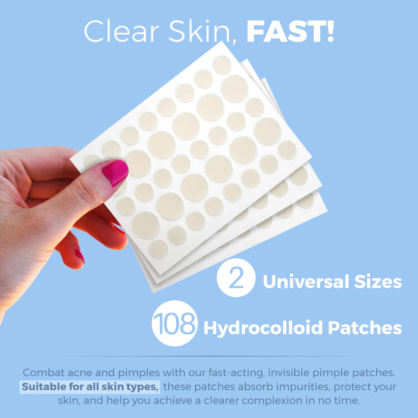 Acne Patches for Face - Hydrocolloid Bandages (108 Count) Pimple Patches for Face in 2 Universal Sizes, Acne Spot Treatment Care for Face & Skin Spot