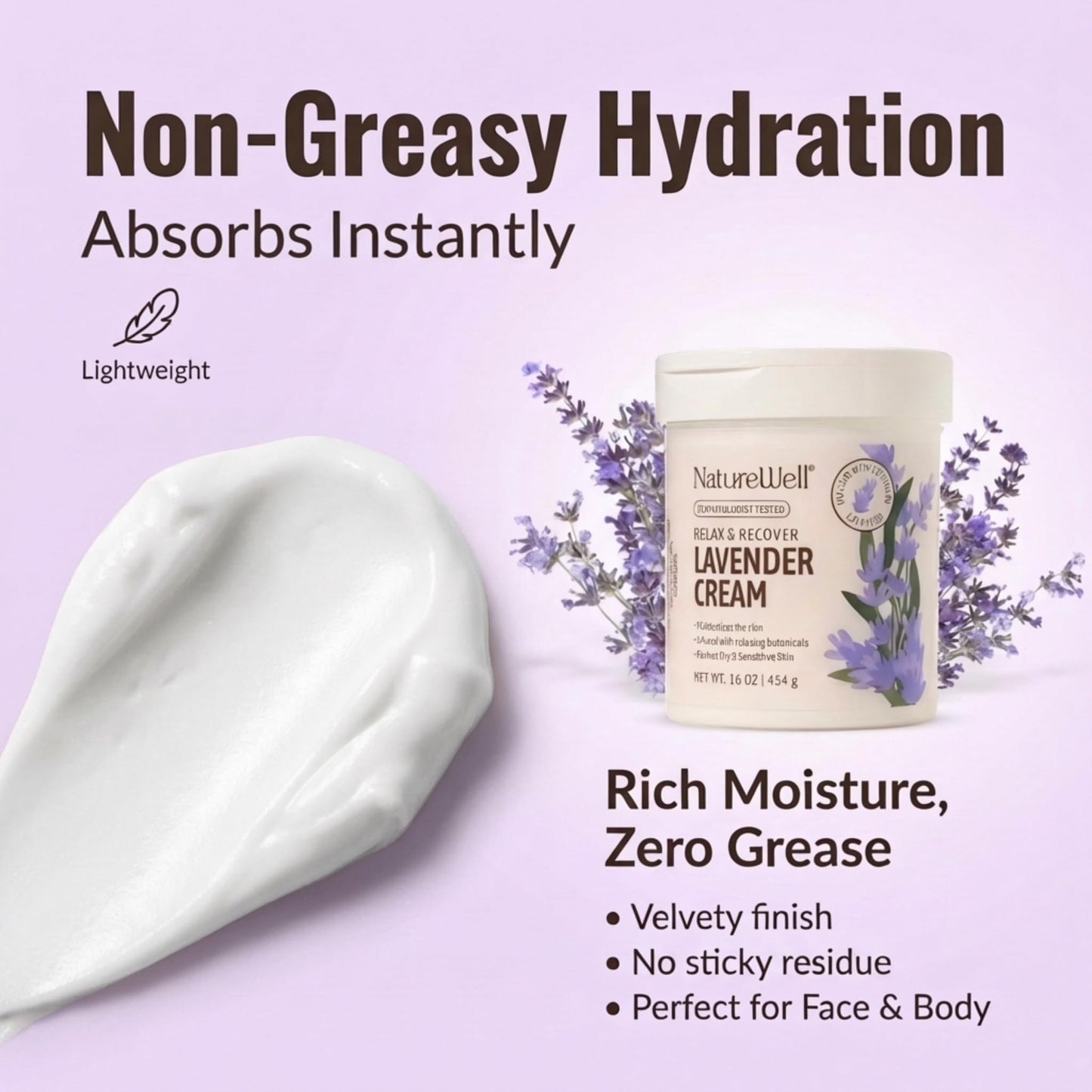NATURE WELL Lavender Body Cream, Moisturizing Cream for Dry & Sensitive Skin, Relax & Recover Formula with Soothing Lavender, Hydrating Body Lotion