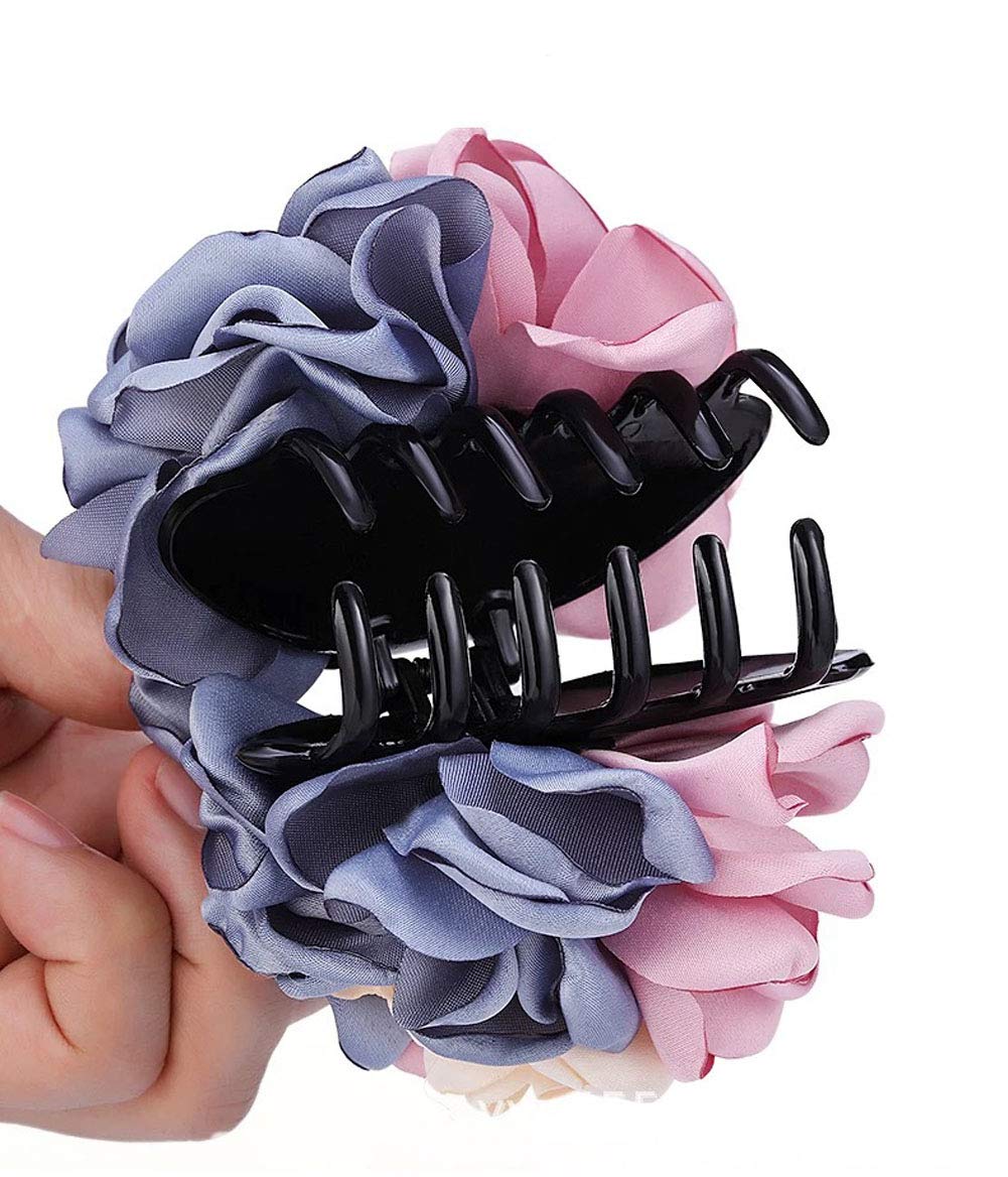 2PCS Sweet Large Rose Flower Hair Claws Beauty Ribbon Bow Hair Clips Headwear Hair Jewelry for Women Accessories (Pink + Pink blue)
