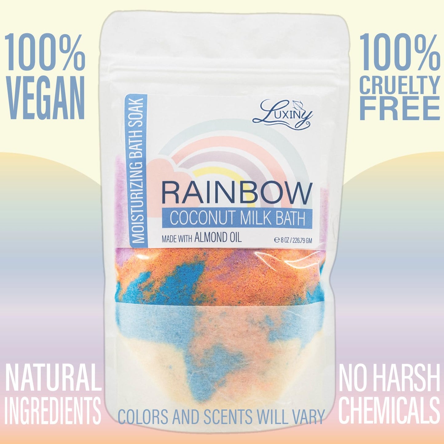 Luxiny Vegan Milk Bath Soak Made with Coconut Milk Powder & Sweet Almond Oil Which Creates A Bath Bomb Dust Soothing Fizz, 8oz (Rainbow)