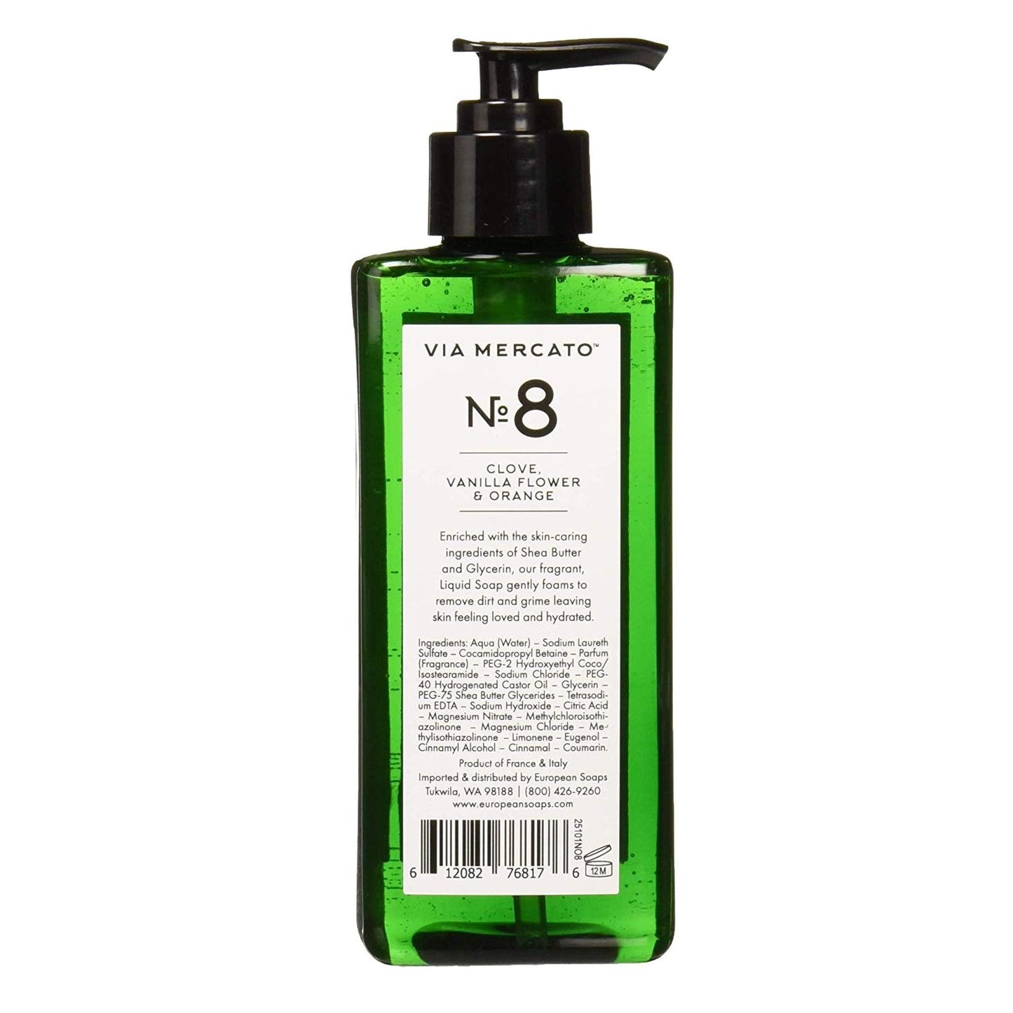 Via Mercato Liquid Soap, Shea Butter Enriched (12 oz), No. 8 - Clove, Vanilla Flower & Orange