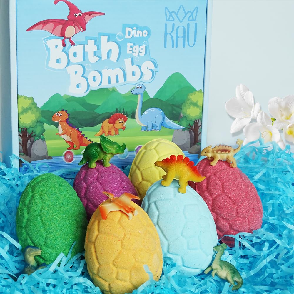 KAV Dinosaur Egg Bath Bombs for Kids - 6pc Fizzy Dino Bath Bomb Gift Set with Surprise Toy Inside - Fun Fizzy Bath Bombs for Boys & Girls, Birthday…