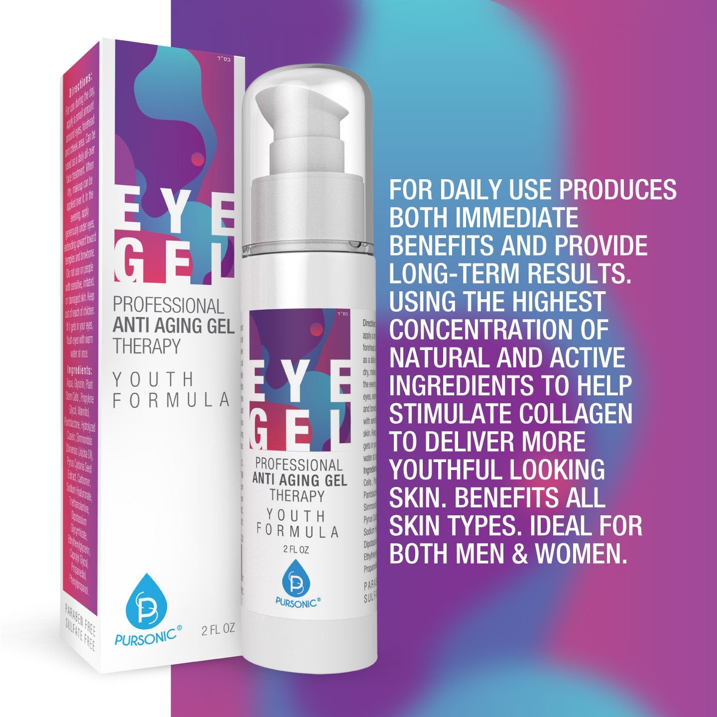 Pursonic Professional Anti-Aging Eye Gel 2 oz – Organic Formula with Hyaluronic Acid for Dark Circles, Puffiness, Wrinkles & Under-Eye Bags