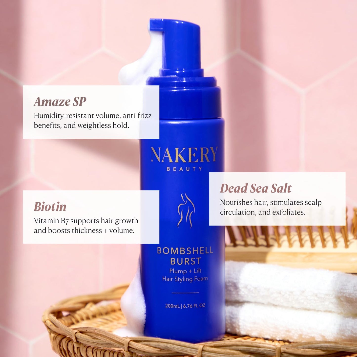 Nakery Bombshell Burst Hair Foam, Volumizing Mousse for Styling Curly and Straight Hair, Lightweight Foam with Biotin, Keratin, Panthenol, Texture