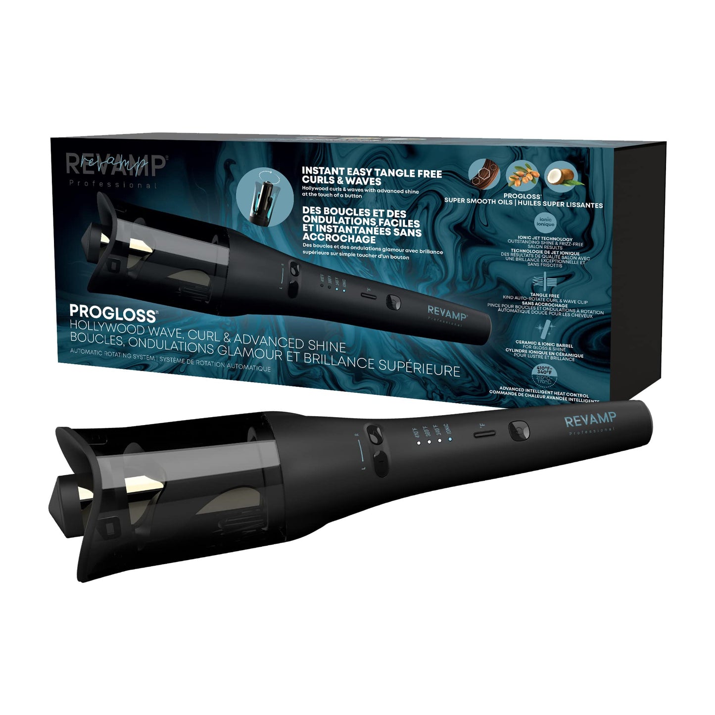 Revamp Progloss Hollywood Automatic Curling Iron - Advanced Shine Rotating Curling Iron with Hydrating Dual Ionic Jets, Ceramic Barrel Infused