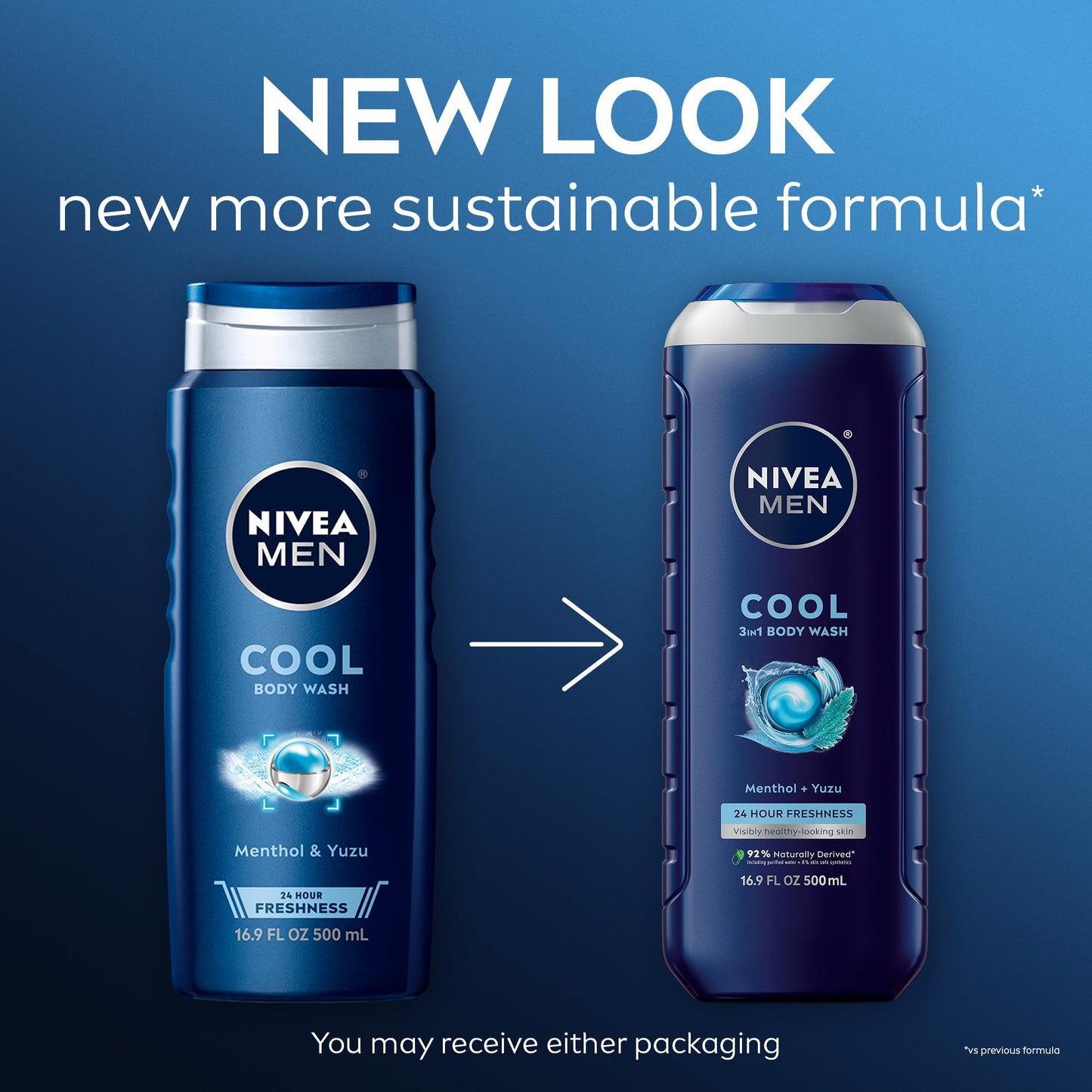 Nivea Men Cool Body Wash, Icy Menthol and Yuzu Scent, 3-in-1 Men's Body Wash, Face and Hair, Paraben Free, pH-Skin Friendly, 16.9 Fl Oz Bottle