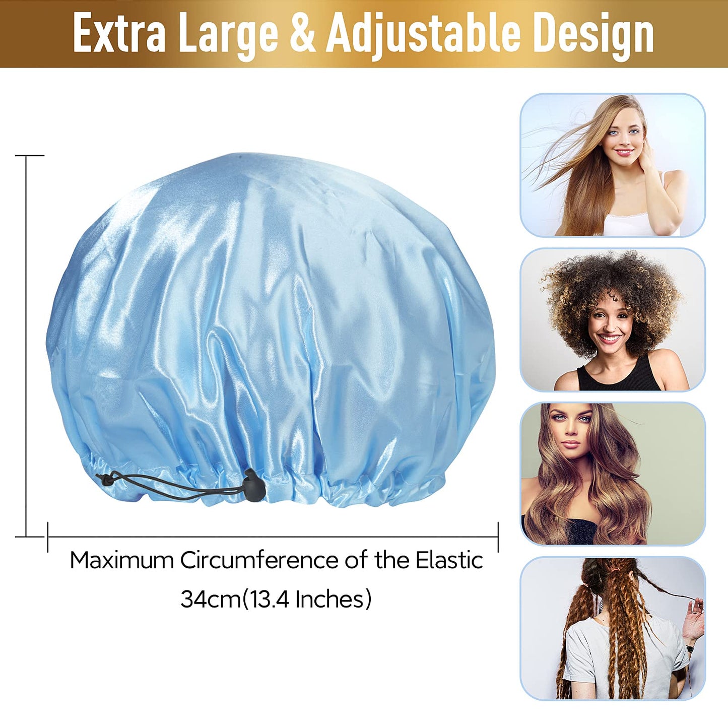 Waterproof Shower Caps, Shower Cap for Women Long Hair, Curly Hair, Short Hair Adjustable Washable Extra Large Bathing Hair Cap for Shower