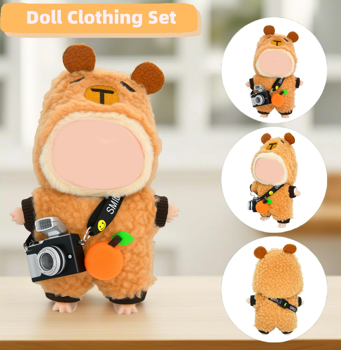 3-Piece Knit and Plush Doll Outfit Set for 17cm Collectibles - Plush Bear Hoodie Set (Hoodie+Outfit+Camera) - No Doll Included