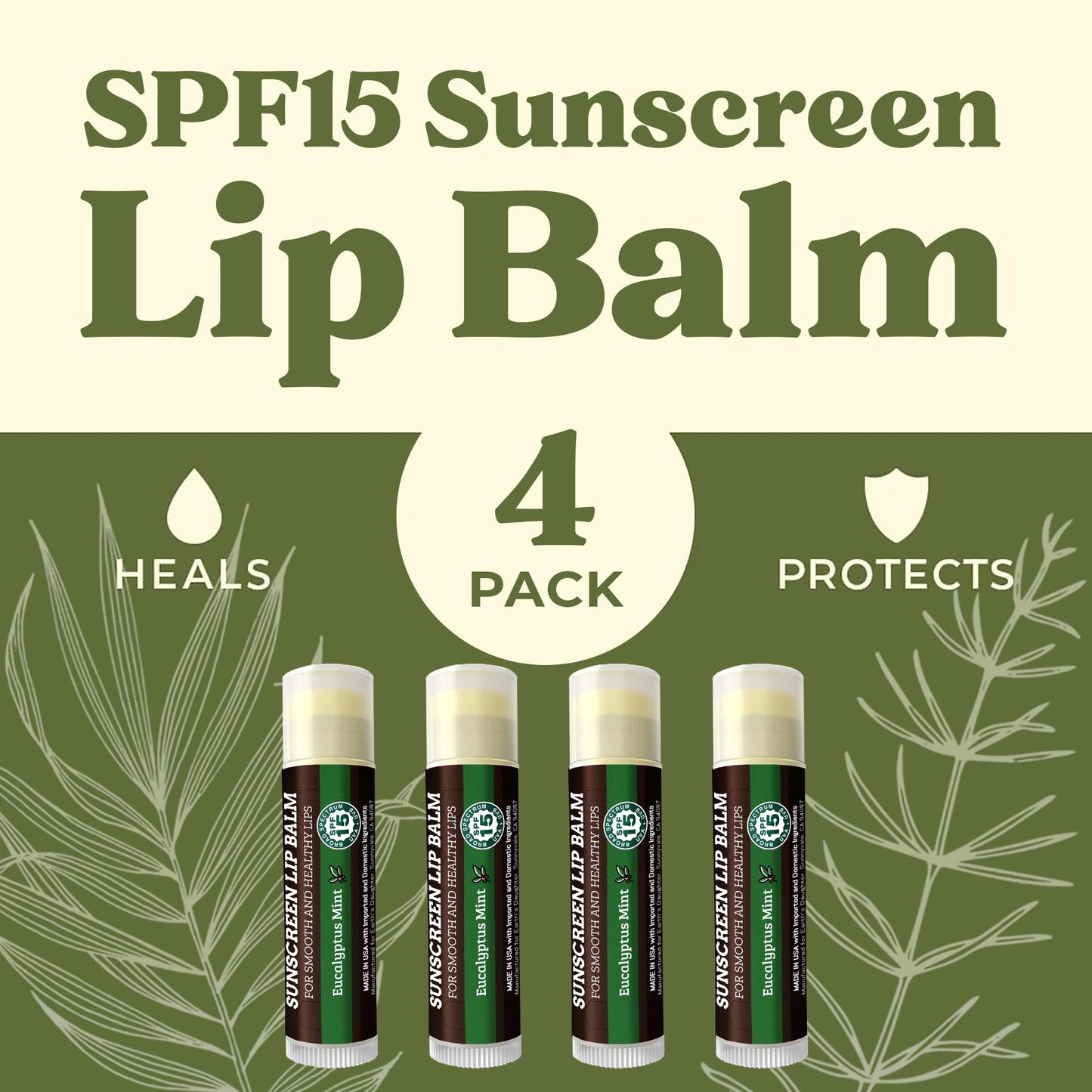 Earth's Daughter SPF Lip Balm Eucalyptus Mint 4-Pack - Lip Sunscreen, SPF 15, Organic Ingredients, Beeswax, Coconut Oil, Vitamin E - Hypoallergenic