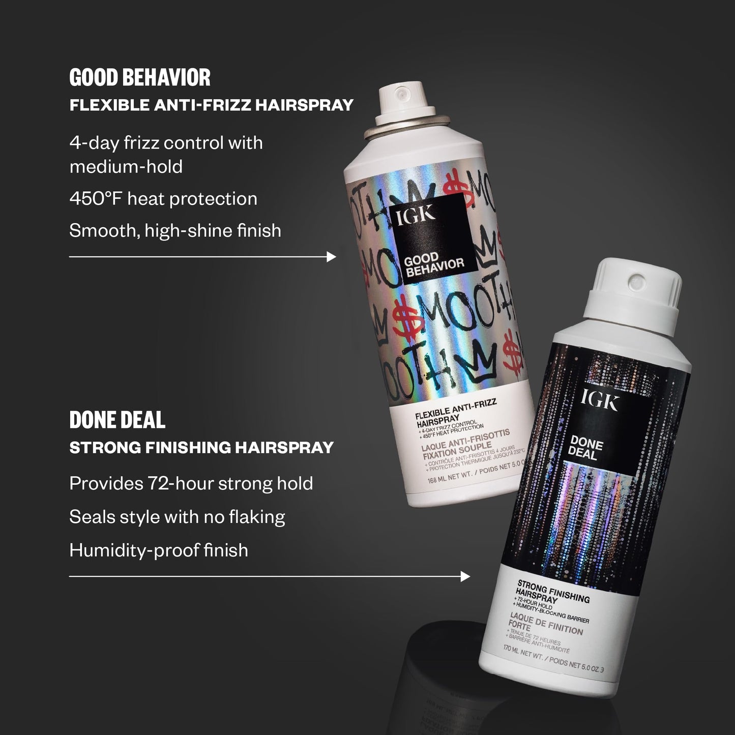 IGK Done Deal Strong Hold Finishing Hairspray - Long-Lasting, Humidity-Resistant, Brushable, Firm Control for All Hair Types, 5 oz