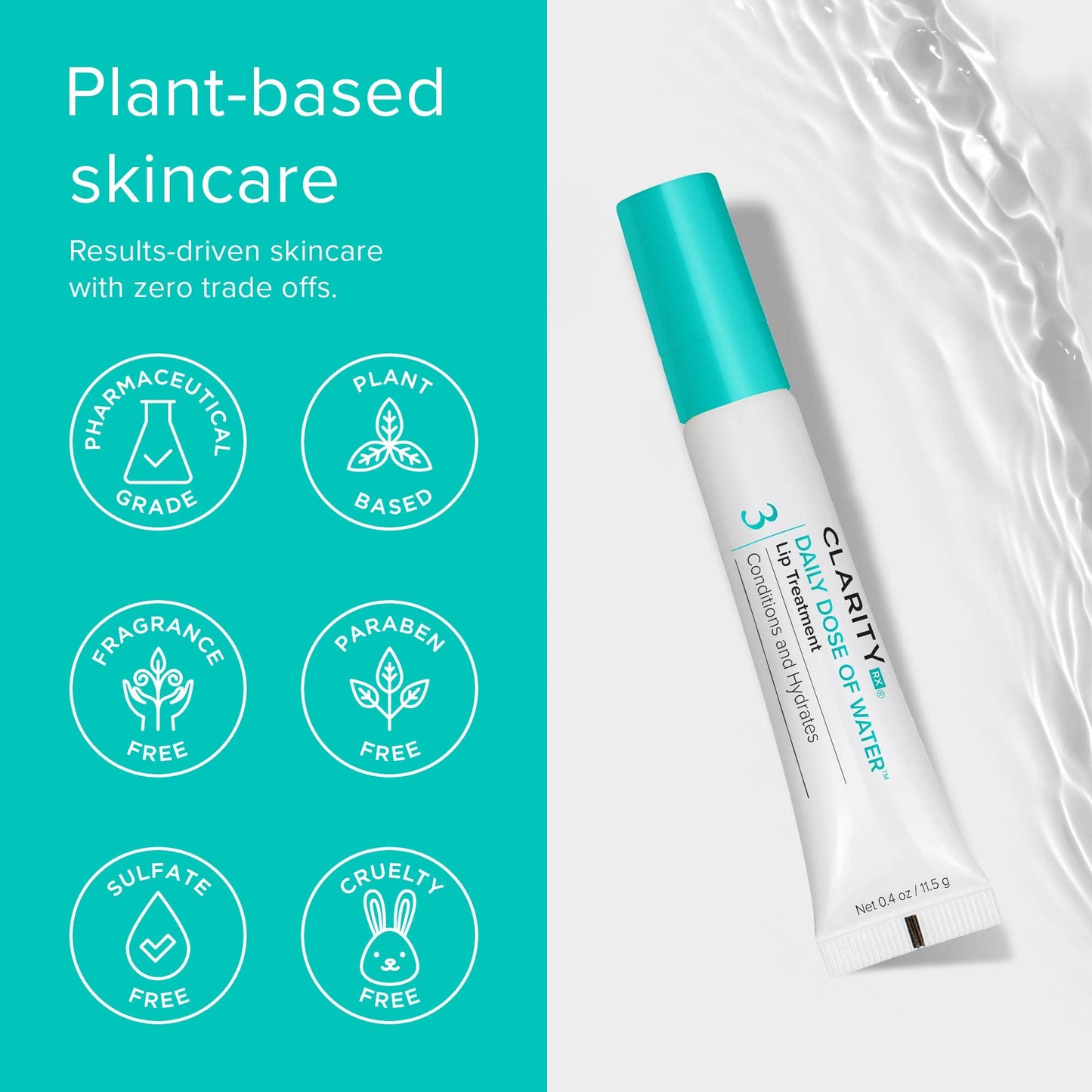 ClarityRx Daily Dose of Water Lip Treatment, Hydrating Hyaluronic Acid Lip Booster, Plant-Based & Natural (0.4 oz)