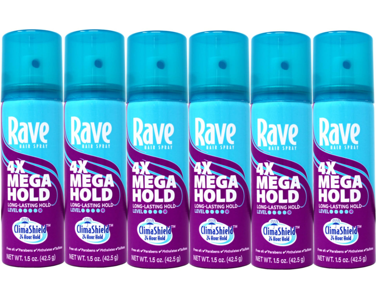 Rave Hairspray 4x Mega Aerosal Travel Size 1.5 oz, Pack of 6