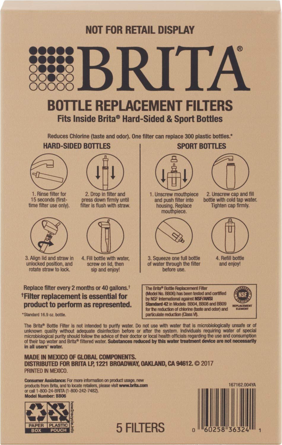 Brita Water Bottle Filter Replacements - BPA Free - 5 Count