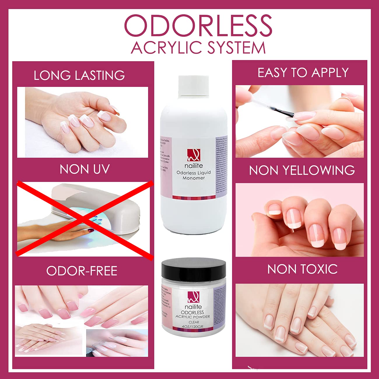 Nailite Odorless Liquid Monomer + White Acrylic Powder - Professional System for Nail Extension, Non-Yellowing Effect and EMA Formula - Kit 8 Oz. Beauty & Personal Care Nailite