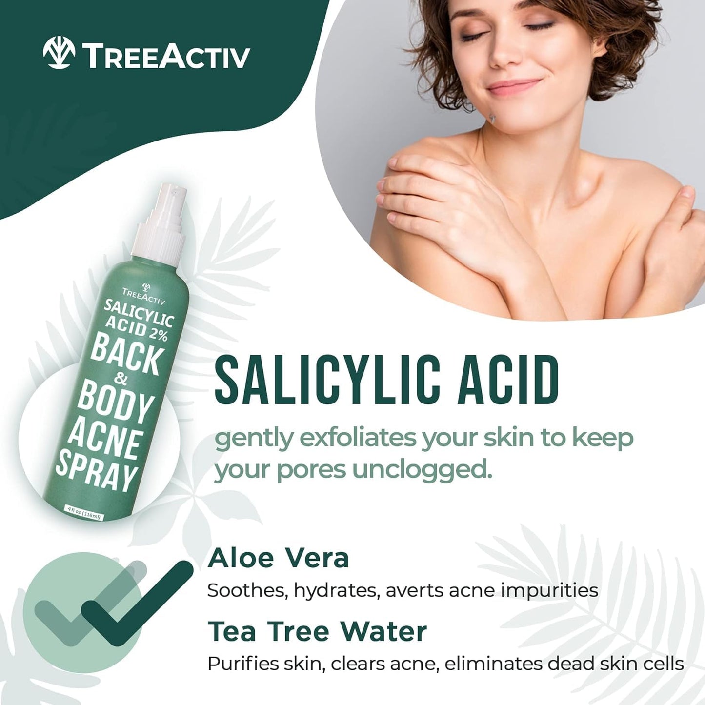 Salicylic Acid Back & Body Acne Spray, Back Acne Solution For Women And Men, Acne Body Spray with Tea Tree Oil, Fast-Drying Back Acne Spray, Fine