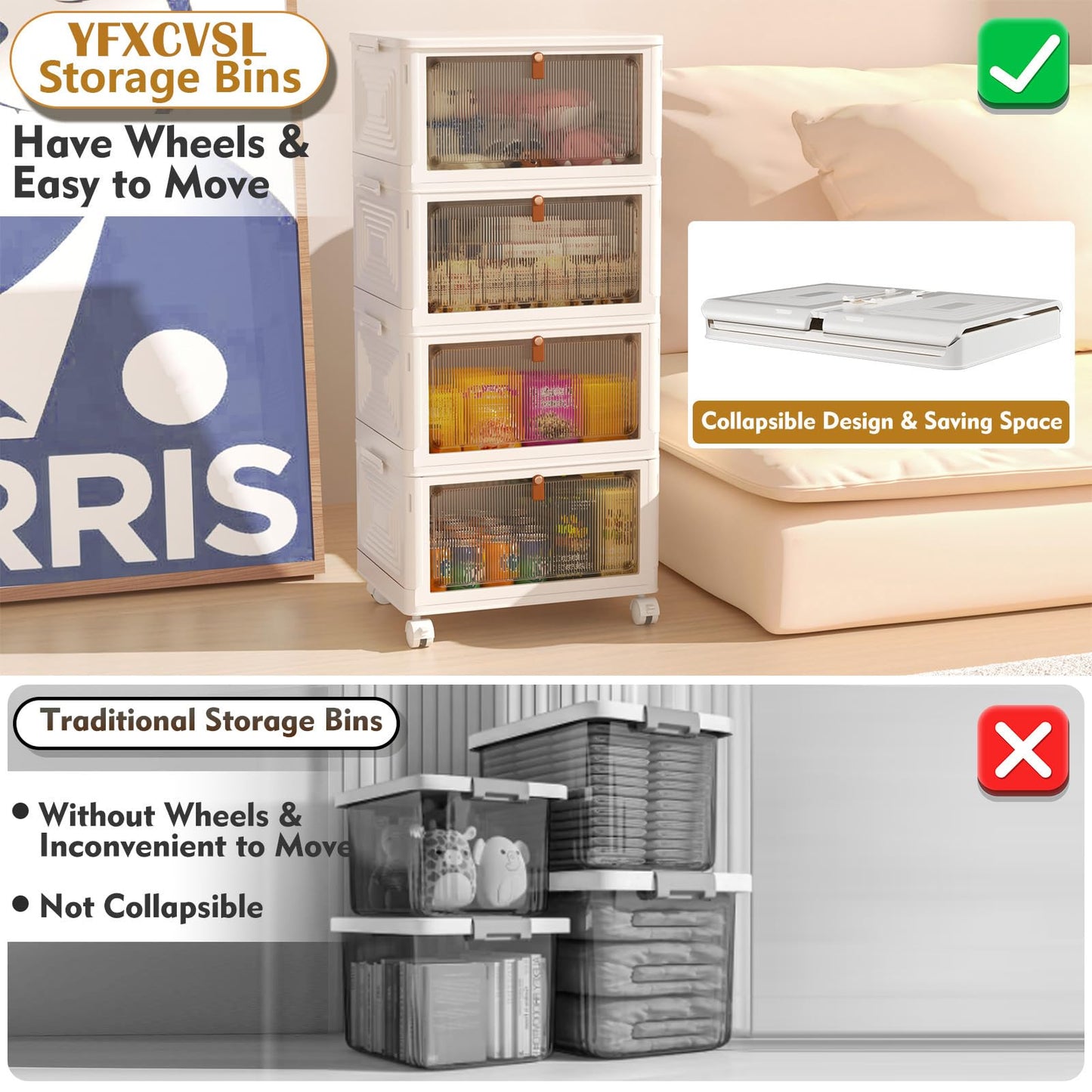 YFXCVSL 4 Tier Plastic Storage Bins with Lid 23QT, Stackable Storage Containers with Wheels, Folding Storage Boxes, Collapsible Storage Bins, Closet…