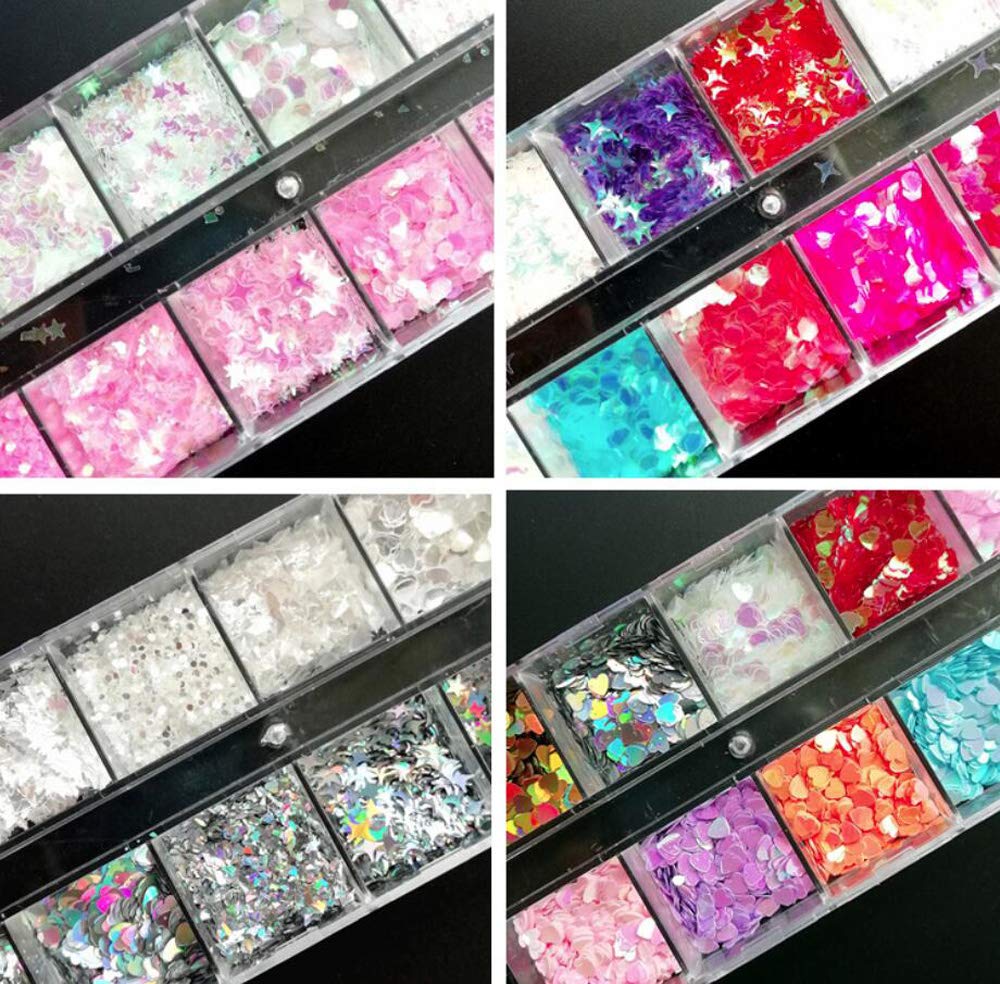AddFavor 4 Boxes Holographic Nail Sequins Mixed Shapes Iridescent Glitter Flakes Hearts Star Moon DIY Design Manicure Nail Art Decorations Sets