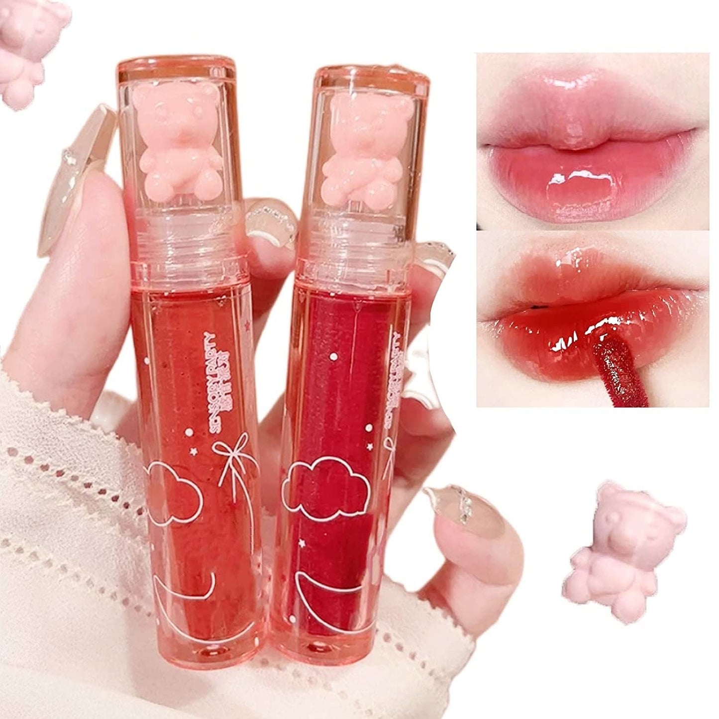 New Irven 2Pcs Bear Lip Glaze Jelly Lipstick,Liquid Lipstick Cute Bear Lipgloss Moisturizing Lip Stain Plumping Water Lip Gloss Waterproof Long