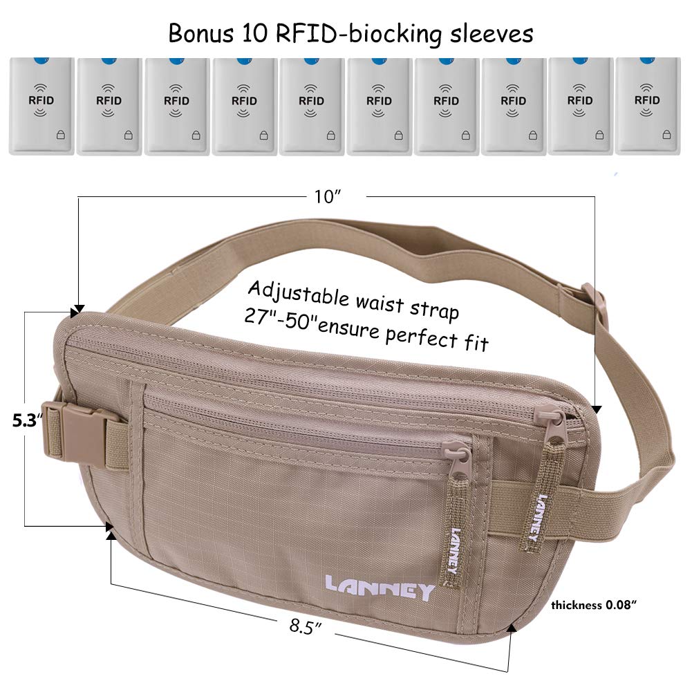 Slim RFID Blocking Money Belt for Travel, Hidden Pouch for Passport, Cash, Cards with 10 RFID Sleeves for Men & Women