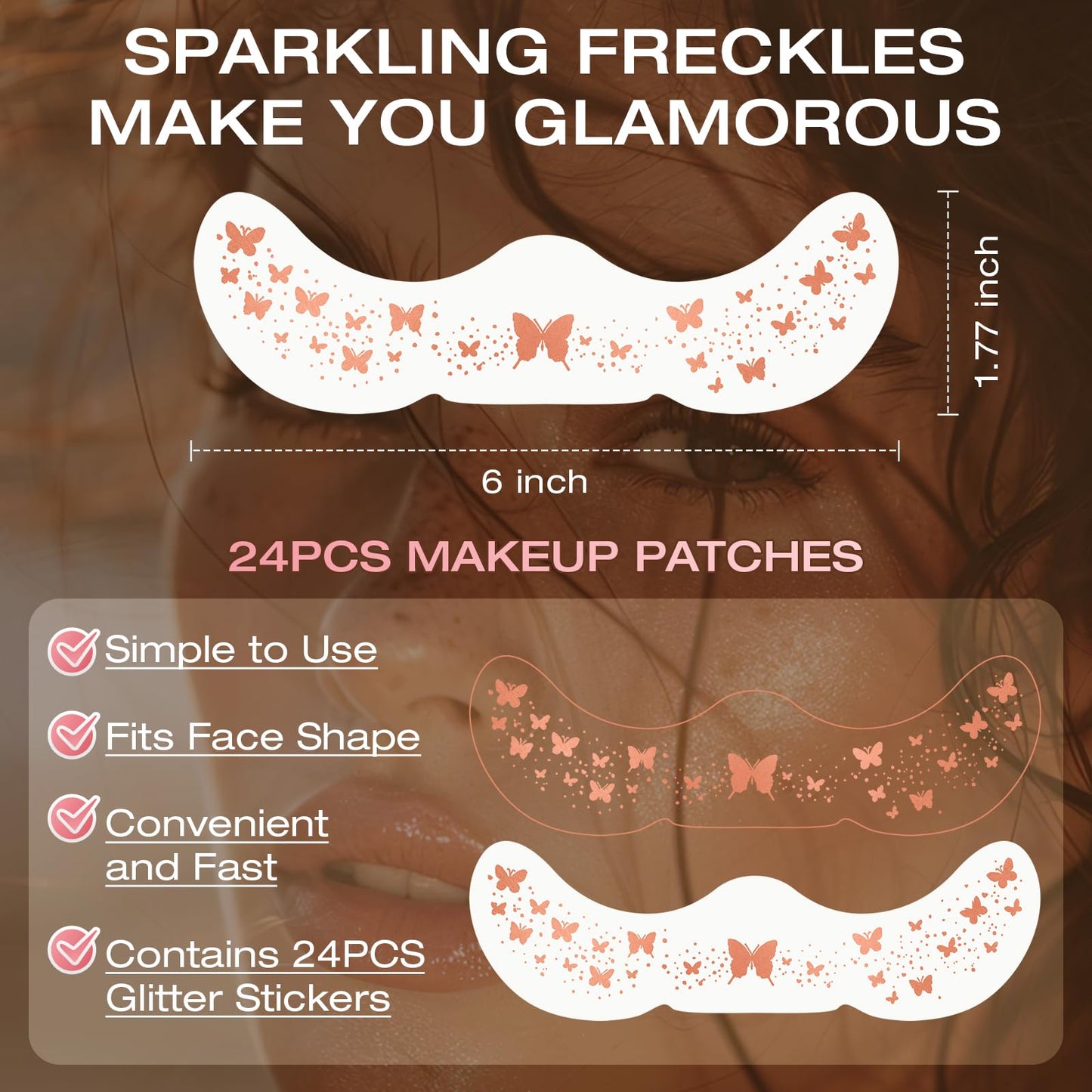 Leterly 24 Pcs Glitter Freckles Face Tattoo,Rose Gold Face Glitter Makeup Patches Cute Sparkle Freckles Patches Waterproof Makeup Speckles for Face