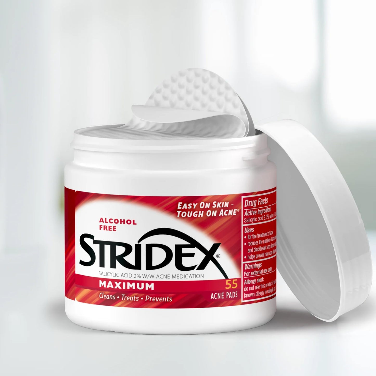 Stridex Medicated Acne Pads, Maximum, 55 Count - Facial Cleansing Wipes, Alcohol Free, Acne Treatment for Face, For Moderate Acne, Smooth Application Beauty and Personal Care Stridex